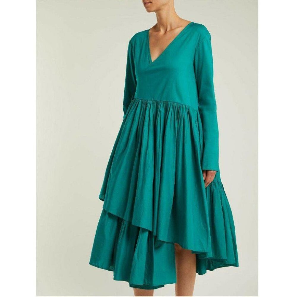 Merlette Andaman Asymmetrical Wrap Midi Dress Green Cotton Tiered M New